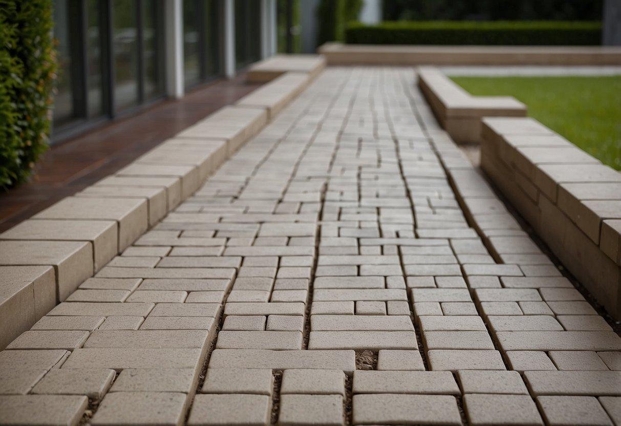 A patio with pavers laid out in a geometric pattern, with gaps between each paver filled with jointing sand evenly spread and compacted