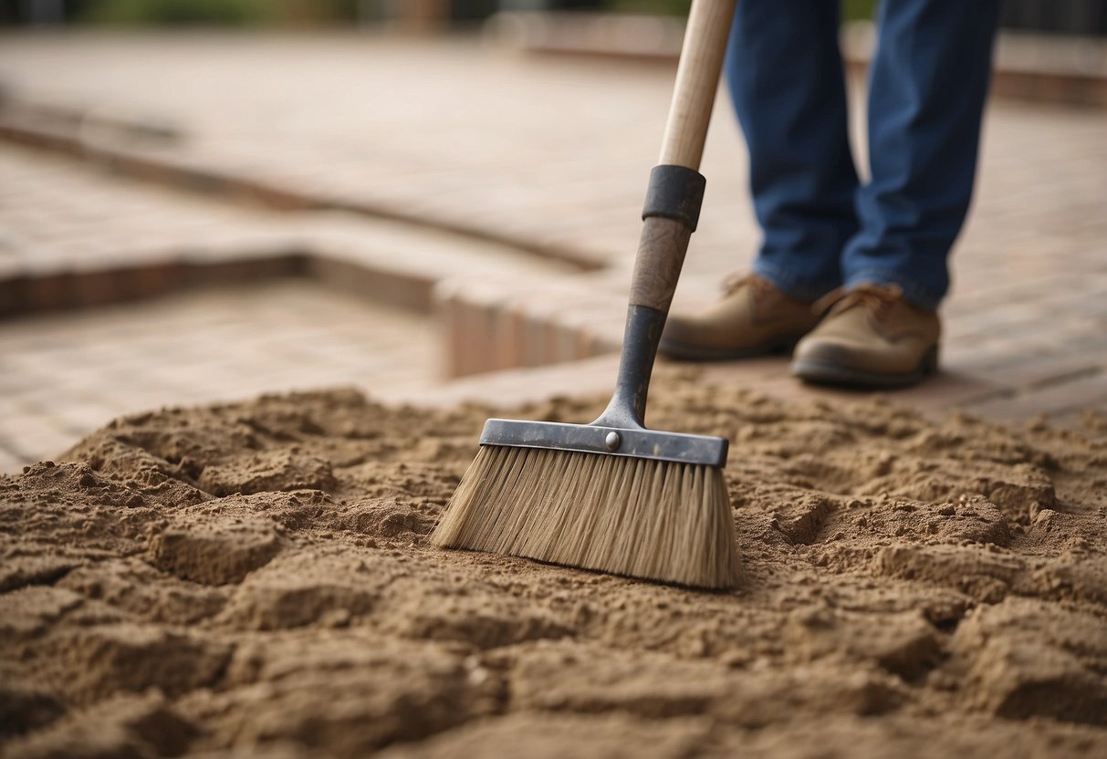 A hand holding a trowel spreads jointing sand between pavers, then uses a broom to sweep excess sand into the gaps