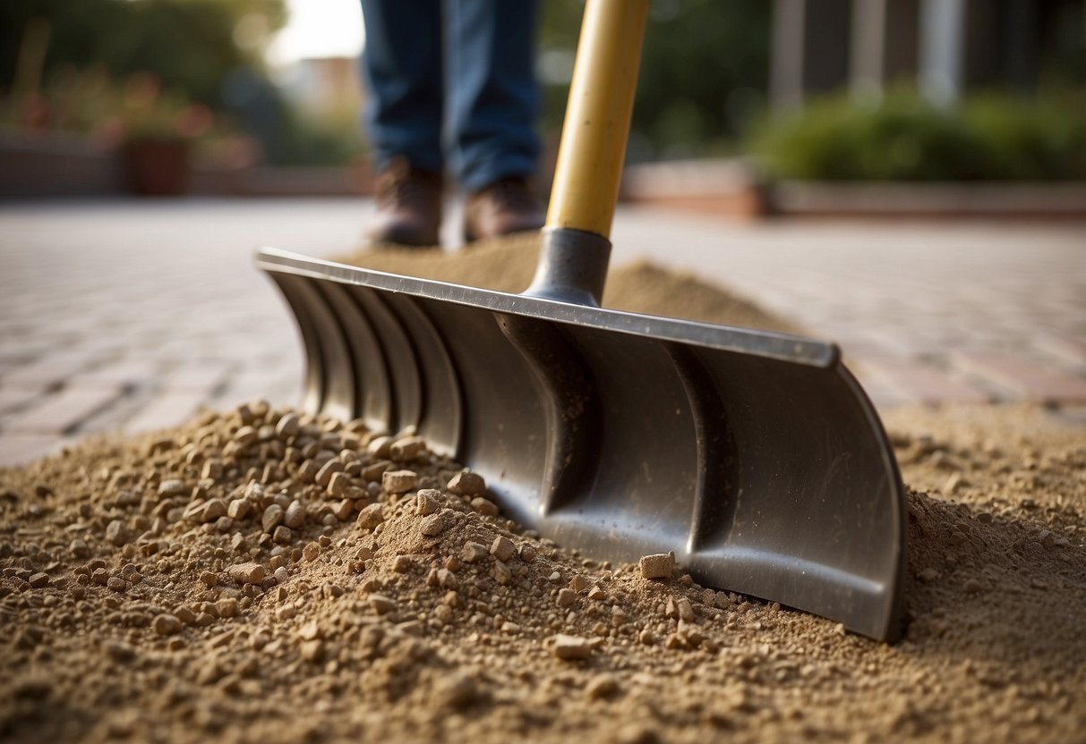 A shovel pours jointing sand onto pavers. A broom sweeps sand into joints. A compactor presses sand down. A final sweep removes excess sand