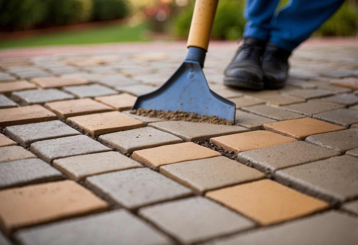 A patio with uneven pavers, a bag of jointing sand, and a trowel. Sand is being spread and pressed into the gaps between the pavers