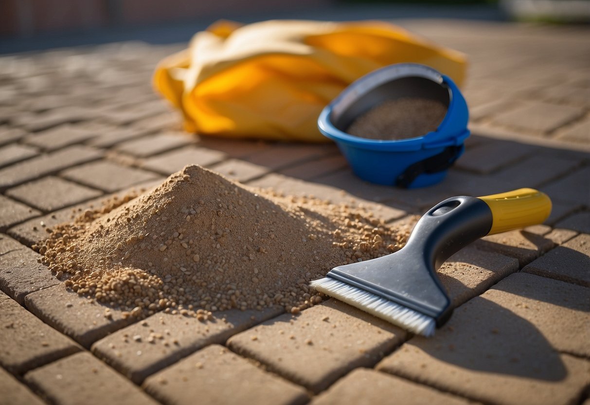 A bag of jointing sand sits open next to a patio paver. A trowel and brush lay nearby, ready for application