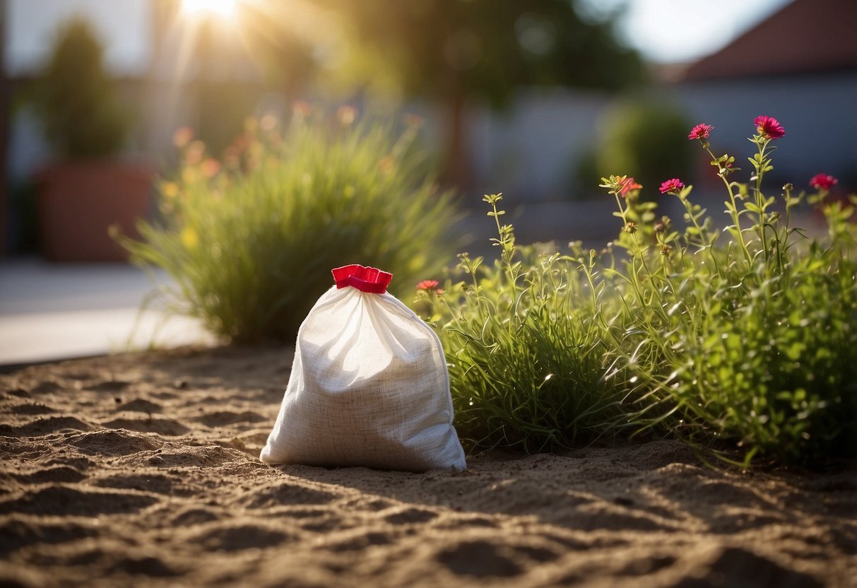 A patio with uneven jointing sand, weeds growing through, and a bag of jointing sand with a red X over it