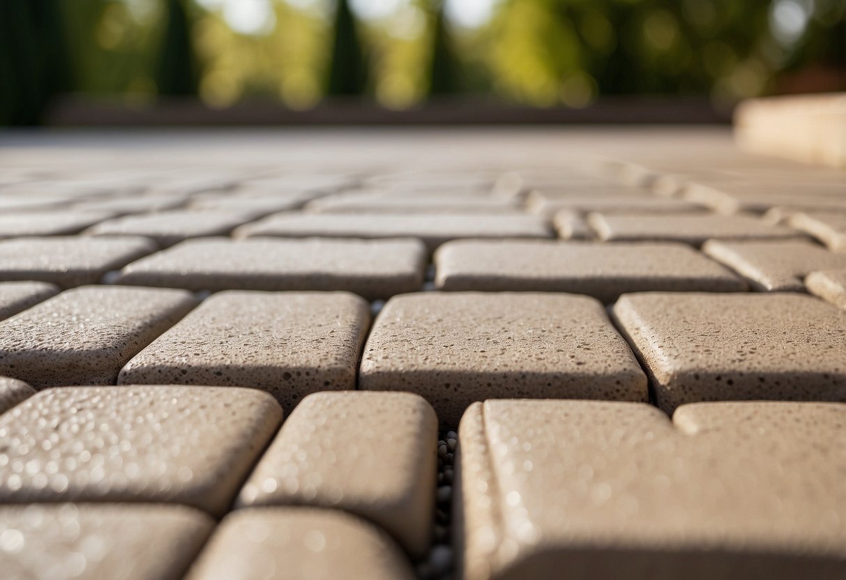 A patio with interlocking pavers filled with polymeric jointing sand, showing tight, weed-free joints and improved stability