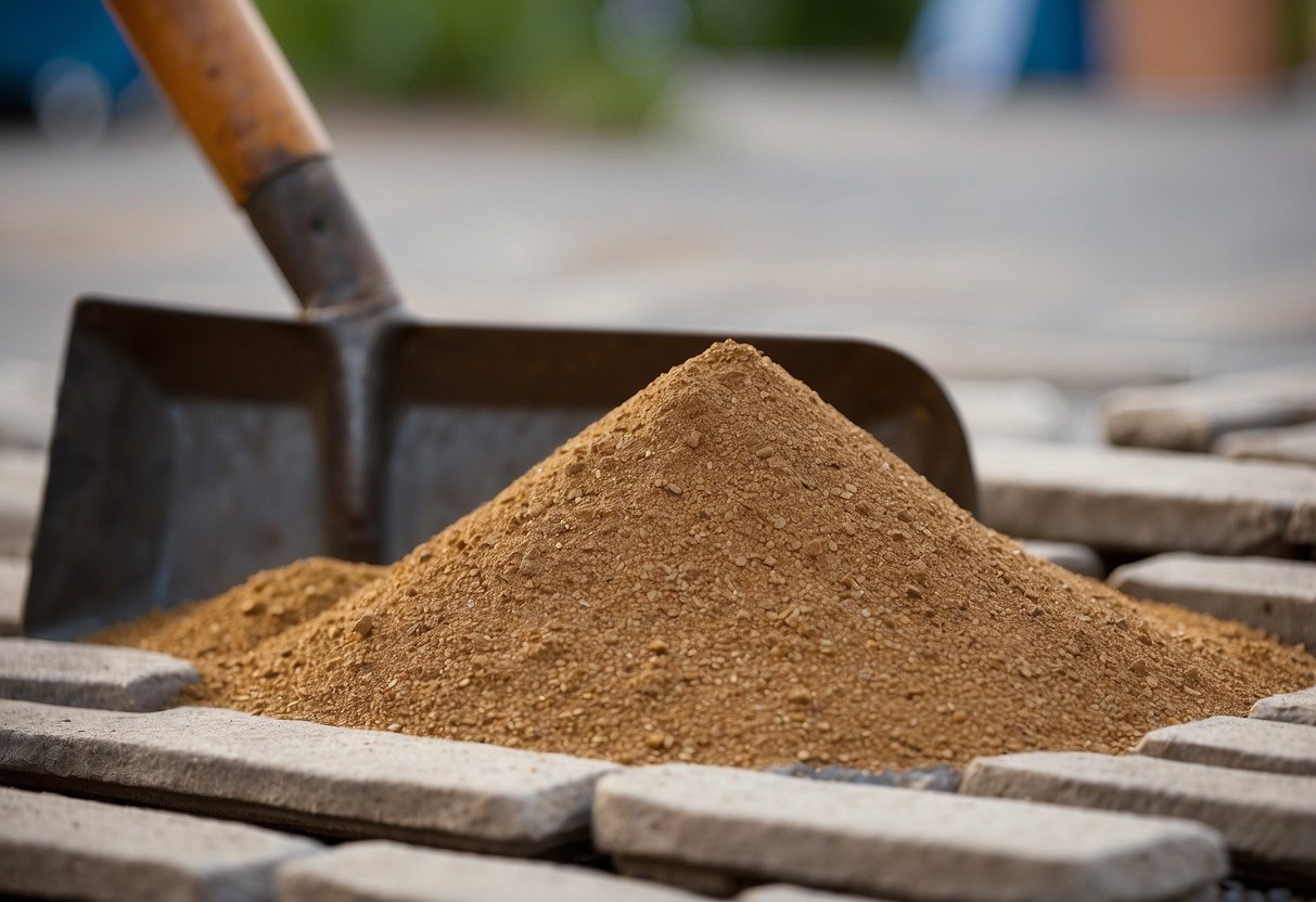 A pallet of different colored jointing sands arranged next to a stack of pavers, with a shovel and broom nearby for preparation