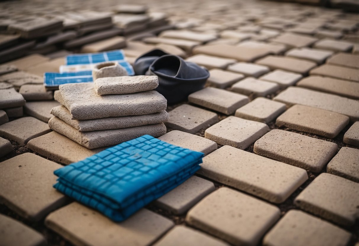 Pavers laid out with different jointing sand options nearby for selection. Sand bags and tools visible