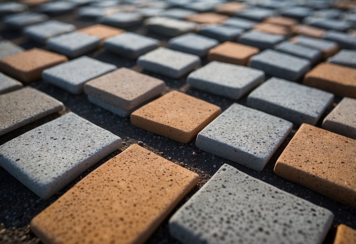 Pavers arranged in a neat pattern, with jointing sand filling the gaps. Surrounding landscape shows signs of weathering and wear