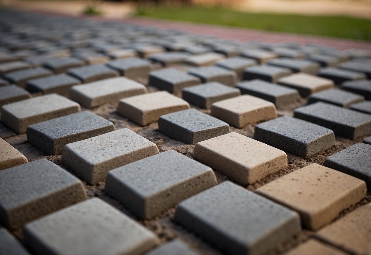 Interlocking pavers laid out with a layer of jointing sand being evenly spread and compacted into the gaps between the pavers