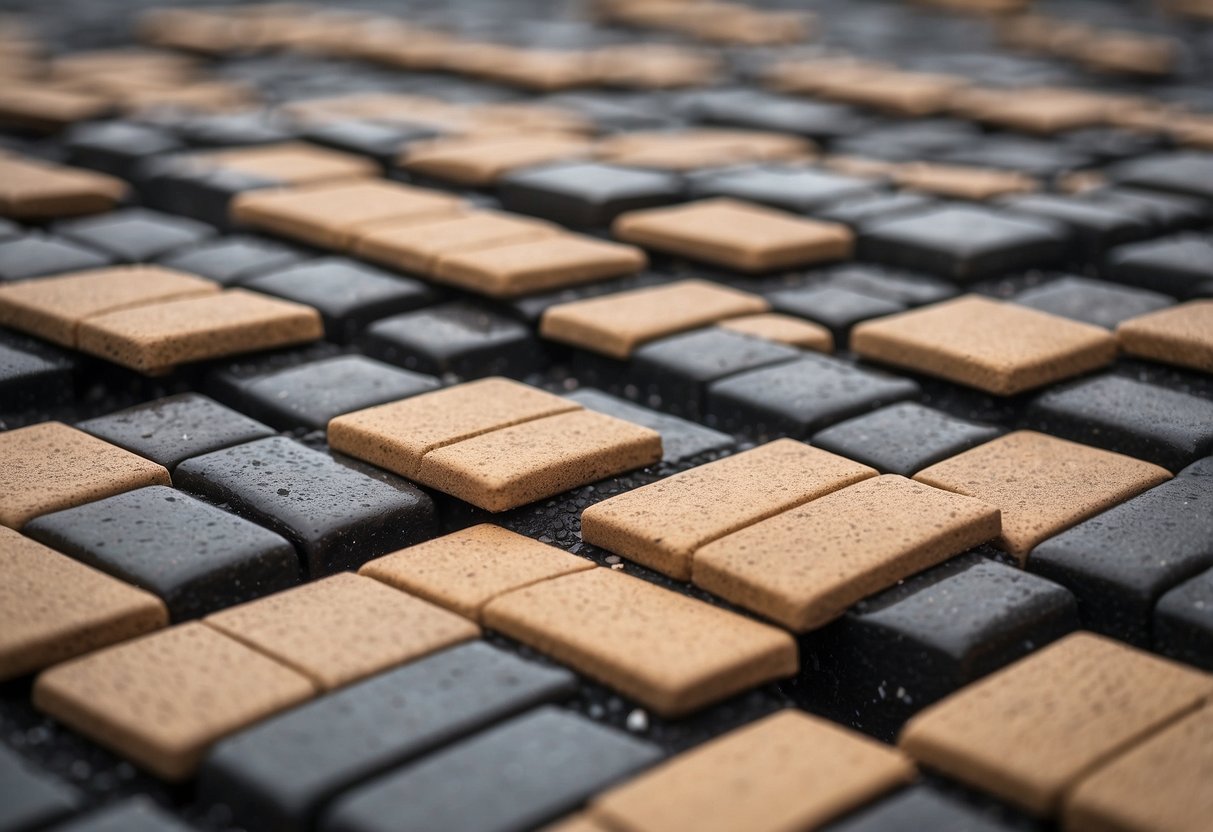 Interlocking pavers laid out on a flat surface, with jointing sand being evenly spread and brushed into the gaps between the pavers