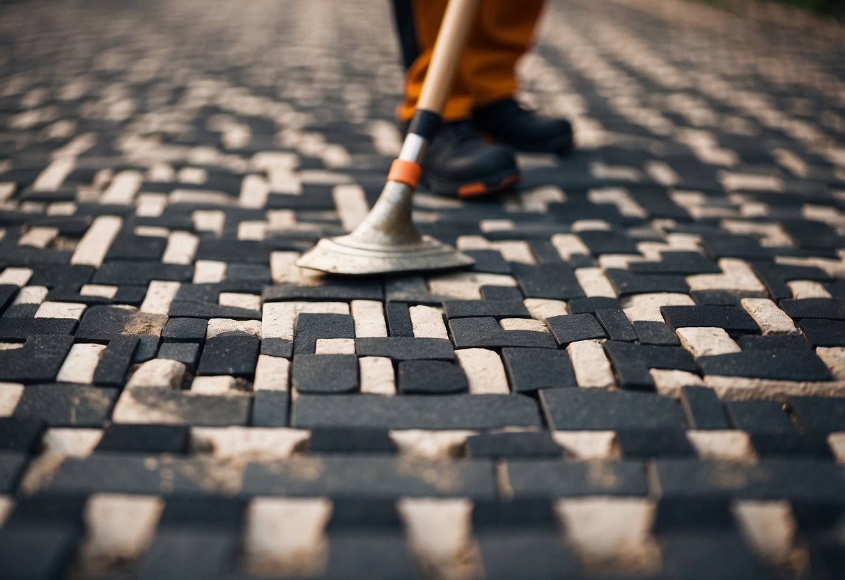 Interlocking pavers arranged in a geometric pattern, with a worker using a broom to evenly distribute jointing sand between the gaps