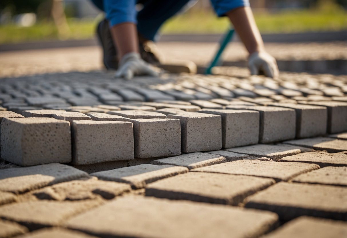 Paver construction scene: Sand fills gaps between pavers, ensuring stability. No human subjects