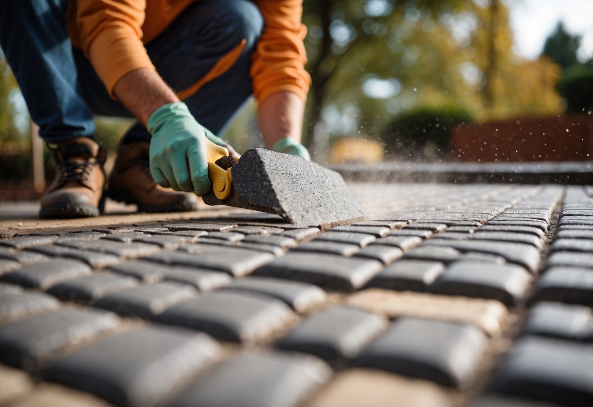 Paver being laid with jointing sand poured and brushed into the gaps, ensuring stability and preventing movement