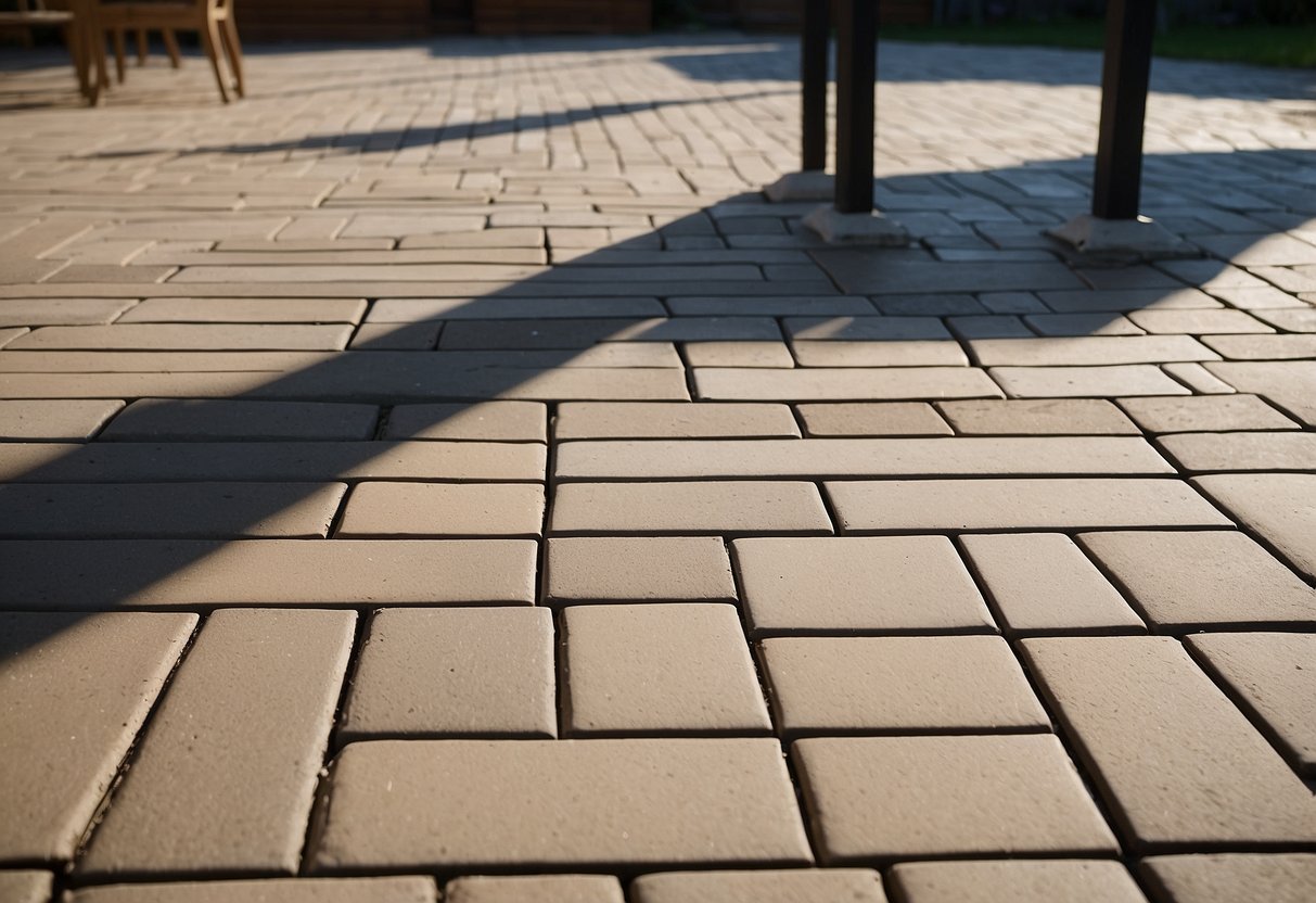 A patio with evenly distributed jointing sand covering all gaps between pavers. Sand is compacted and level, with no visible gaps or excess material