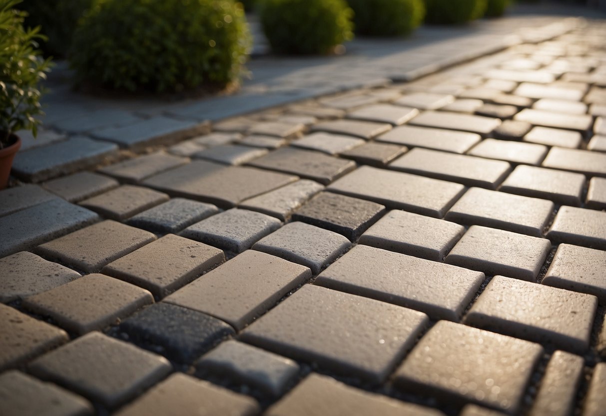 A patio with pavers laid out, showing the application of jointing sand with even coverage and proper techniques