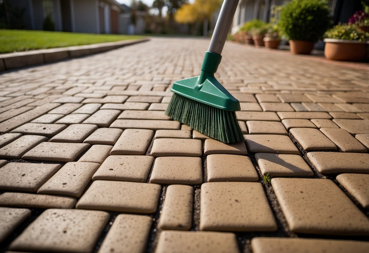 A patio with interlocking pavers, a bag of jointing sand, and a broom for sweeping. Sand is spread evenly between the pavers and then sealed with a water-based sealer for a finished look