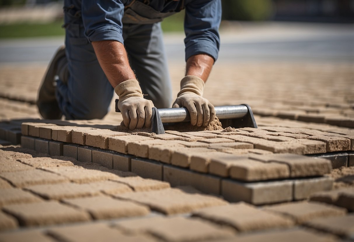 Pavers being re-jointed with sand using various application techniques. Sand being spread and compacted between the joints. Factors such as weather and material consistency being considered