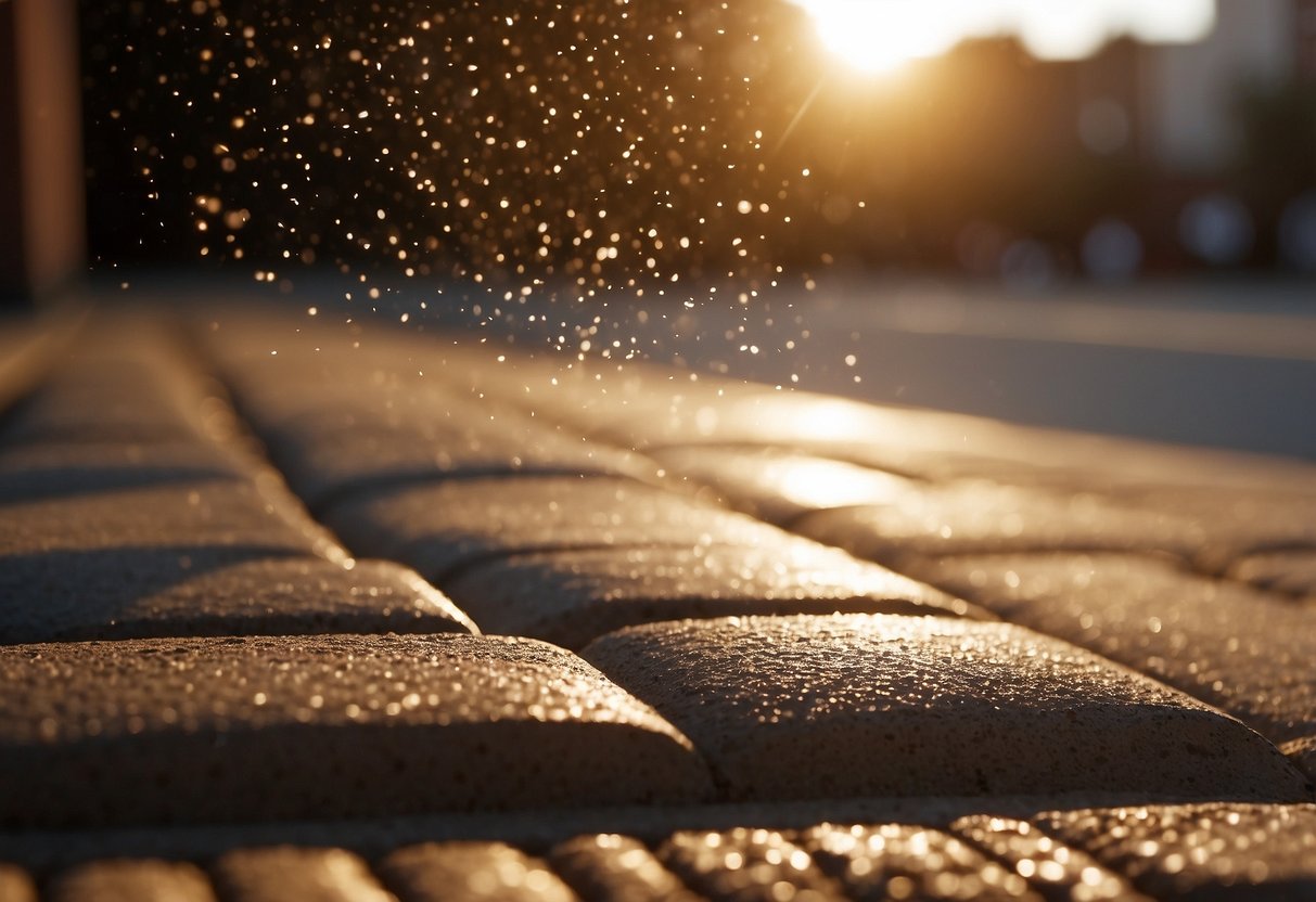 Sun shining on pavers, sand being spread between joints. Wind blowing, causing sand to settle. Temperature and humidity affecting sand placement