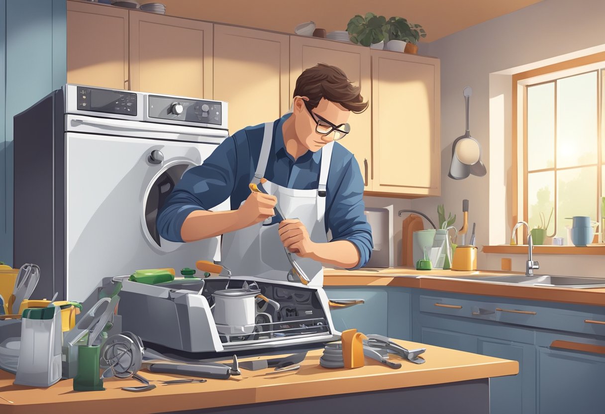 A technician fixing a broken appliance in a well-lit kitchen. Tools and replacement parts scattered on the counter