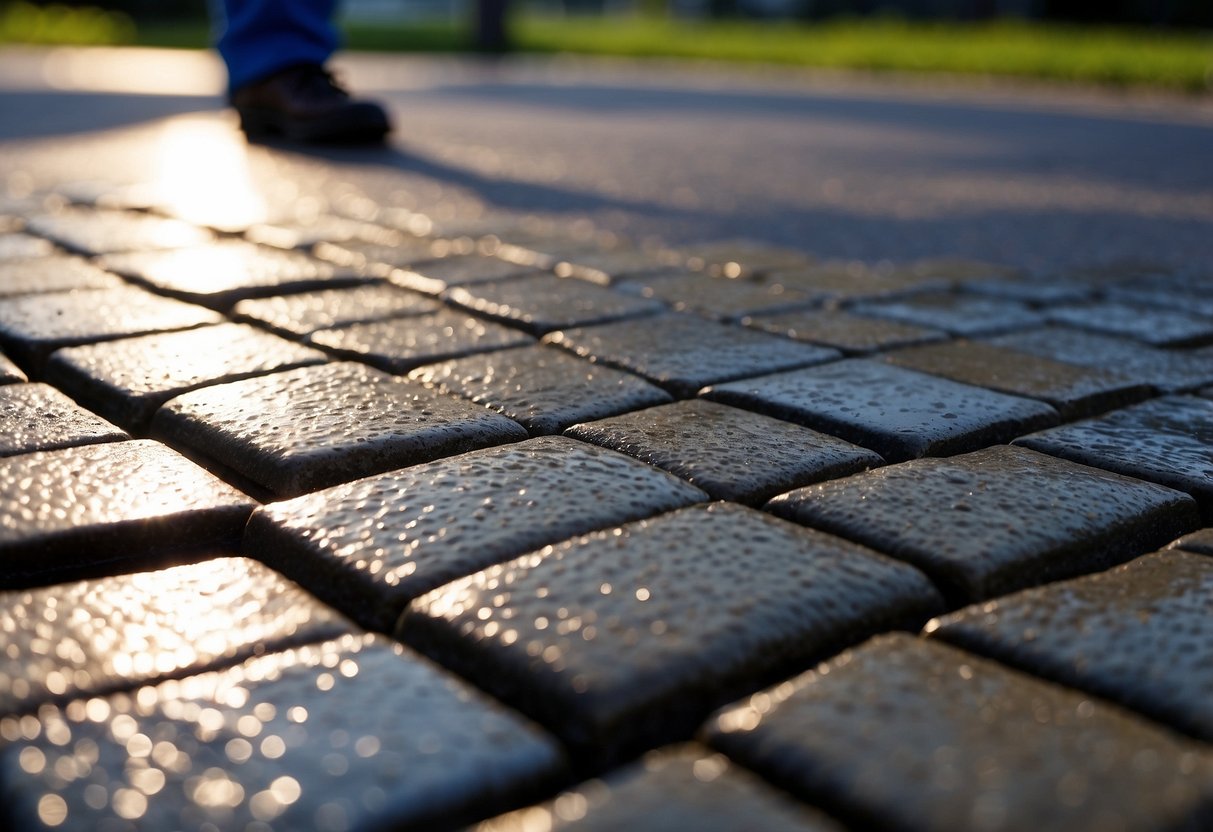 A paver sealing process in Fort Myers, showing a clean, glossy finish on the pavers, with a protective layer to prevent wear and damage