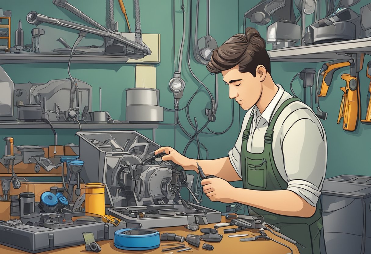 A technician carefully examines a broken appliance, surrounded by tools and parts, in a well-lit repair shop