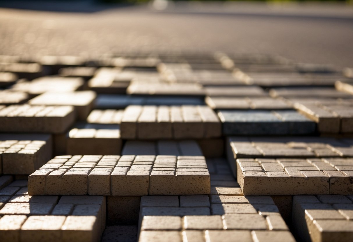 A sunny day in Fort Myers, pavers laid out in a neat pattern. A sealant can in the background, emphasizing the importance of sealing pavers