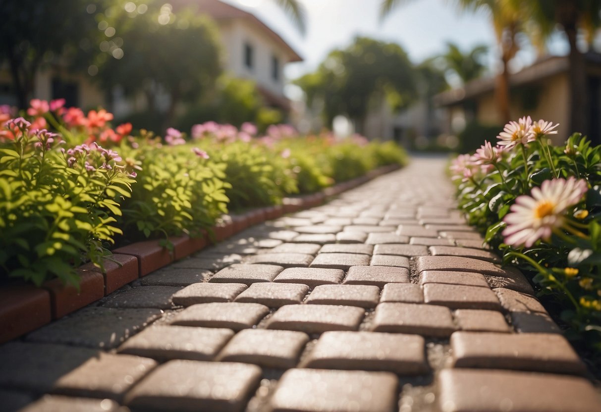 Pavers glistening under the sun, protected by a fresh coat of sealant, surrounded by lush greenery and blooming flowers in Fort Myers