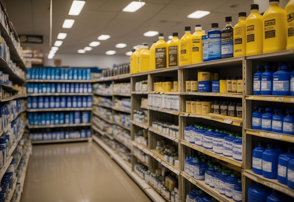 A variety of paver sealants displayed on shelves with labels in a Fort Myers store. Different types and sizes are neatly organized for easy viewing