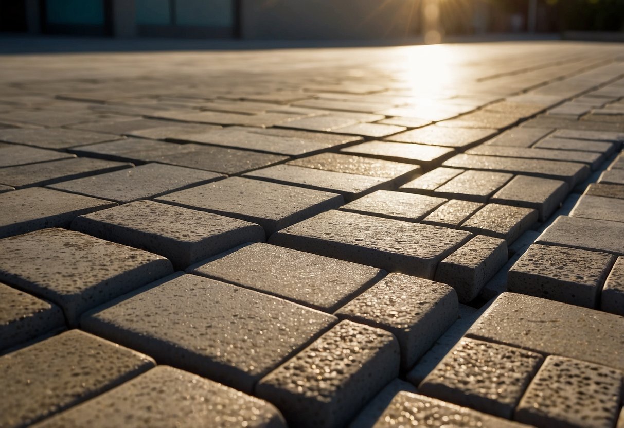 Pavers laid out on a clean, level surface. A variety of sealants and application tools nearby. The sun shines down on the scene, casting shadows