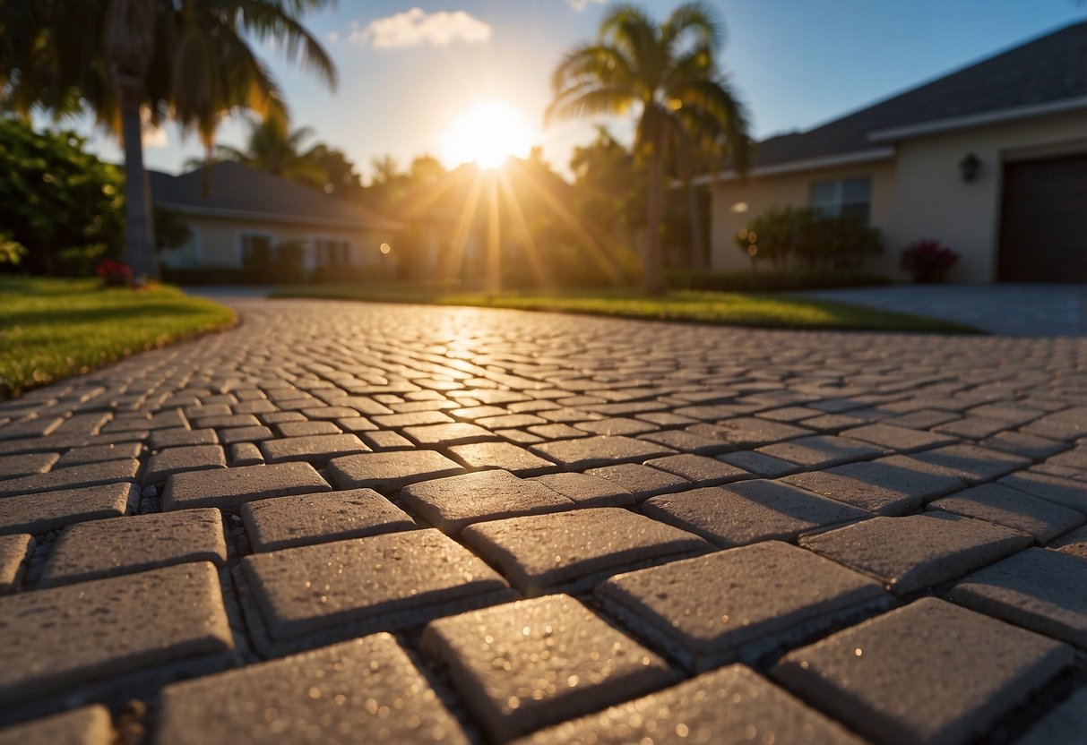 The sun sets over a driveway in Fort Myers. A paver sealing guide lays open on a nearby table, with tools and materials ready for use