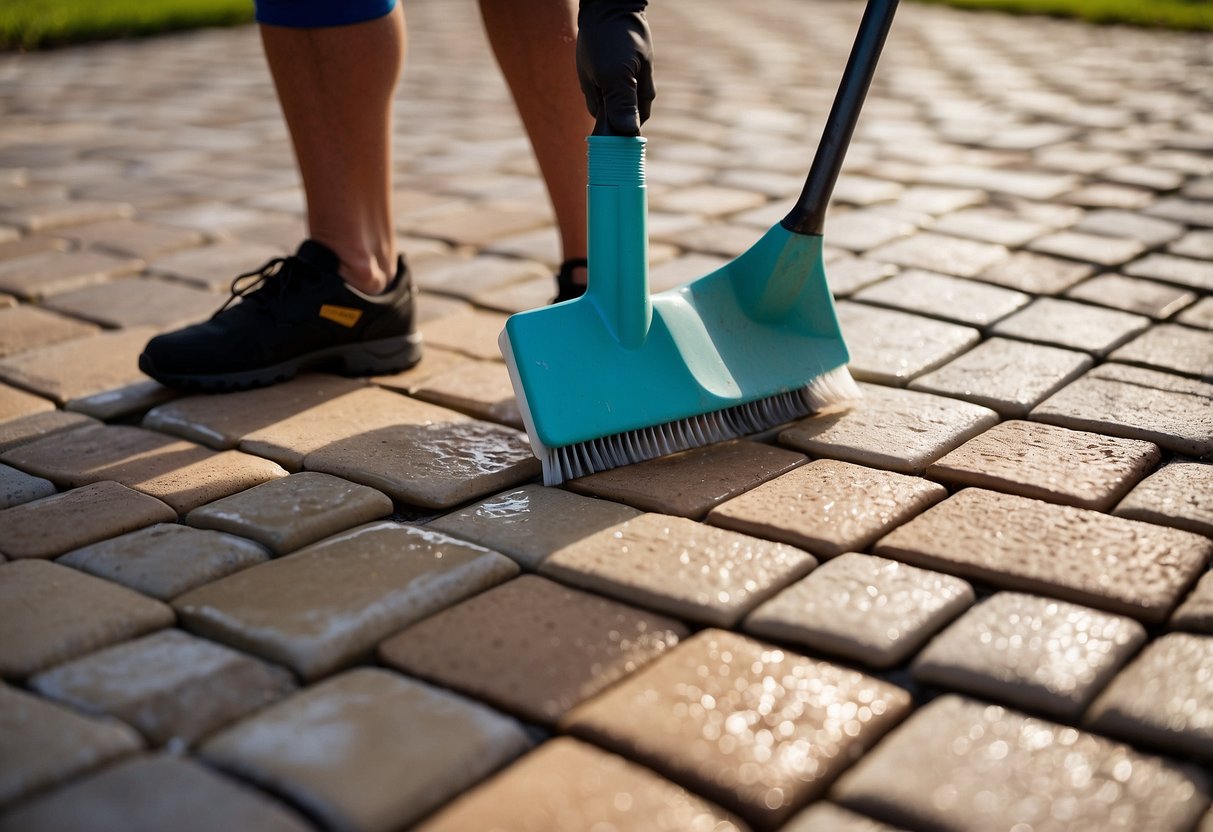 A person applying a sealant to pavers in Fort Myers. They are shown cleaning, applying sealant, and allowing it to dry