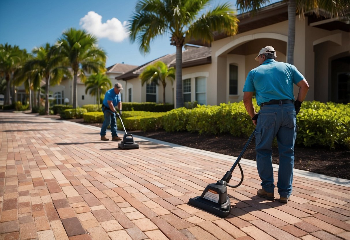 A sunny day in Fort Myers, Florida. A professional team cleans and seals pavers, restoring their vibrant colors and protecting them from wear and tear