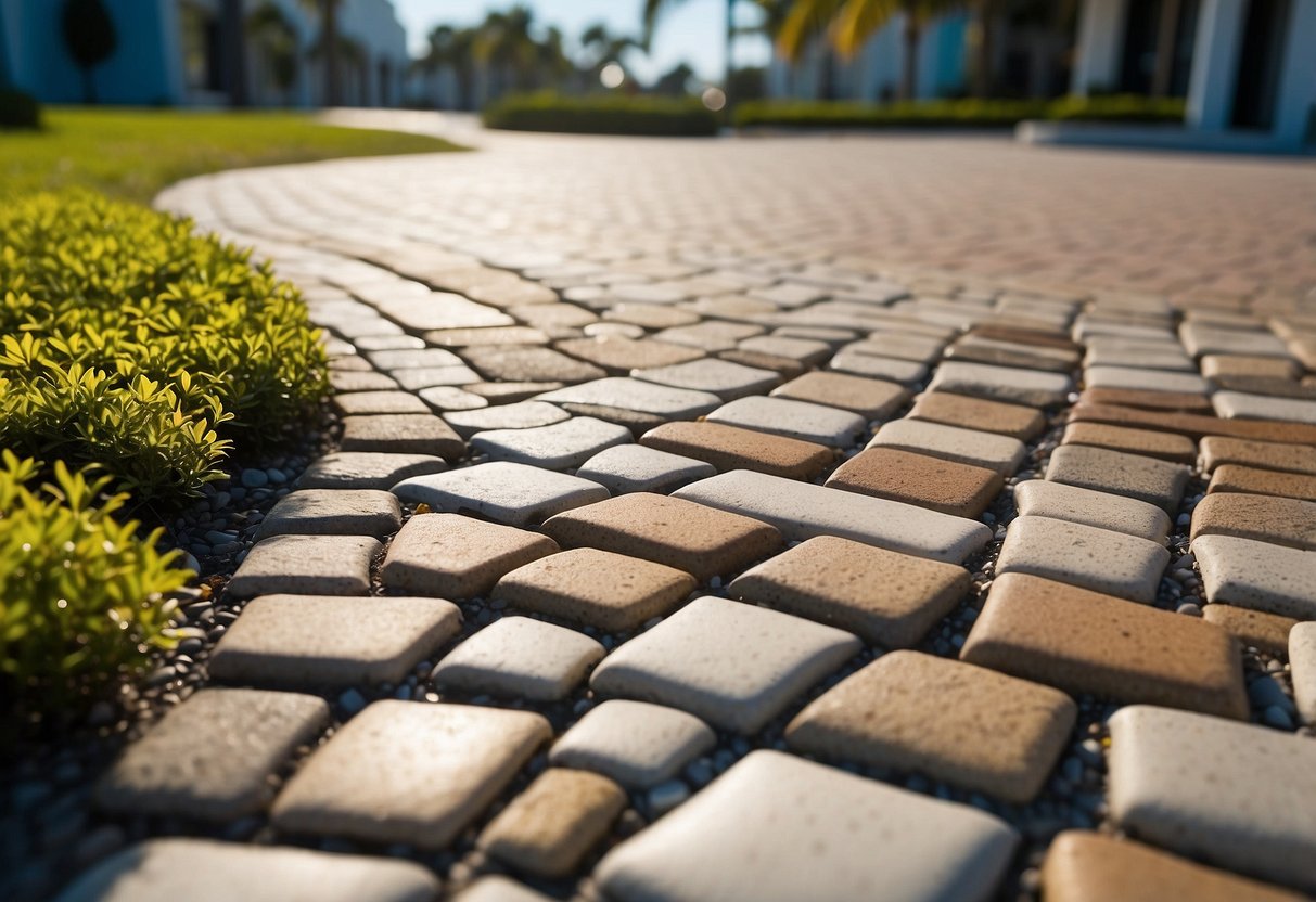 A sunny day in Fort Myers, with a landscaped area of well-maintained pavers. Clear pathways and vibrant colors show the benefits of regular maintenance