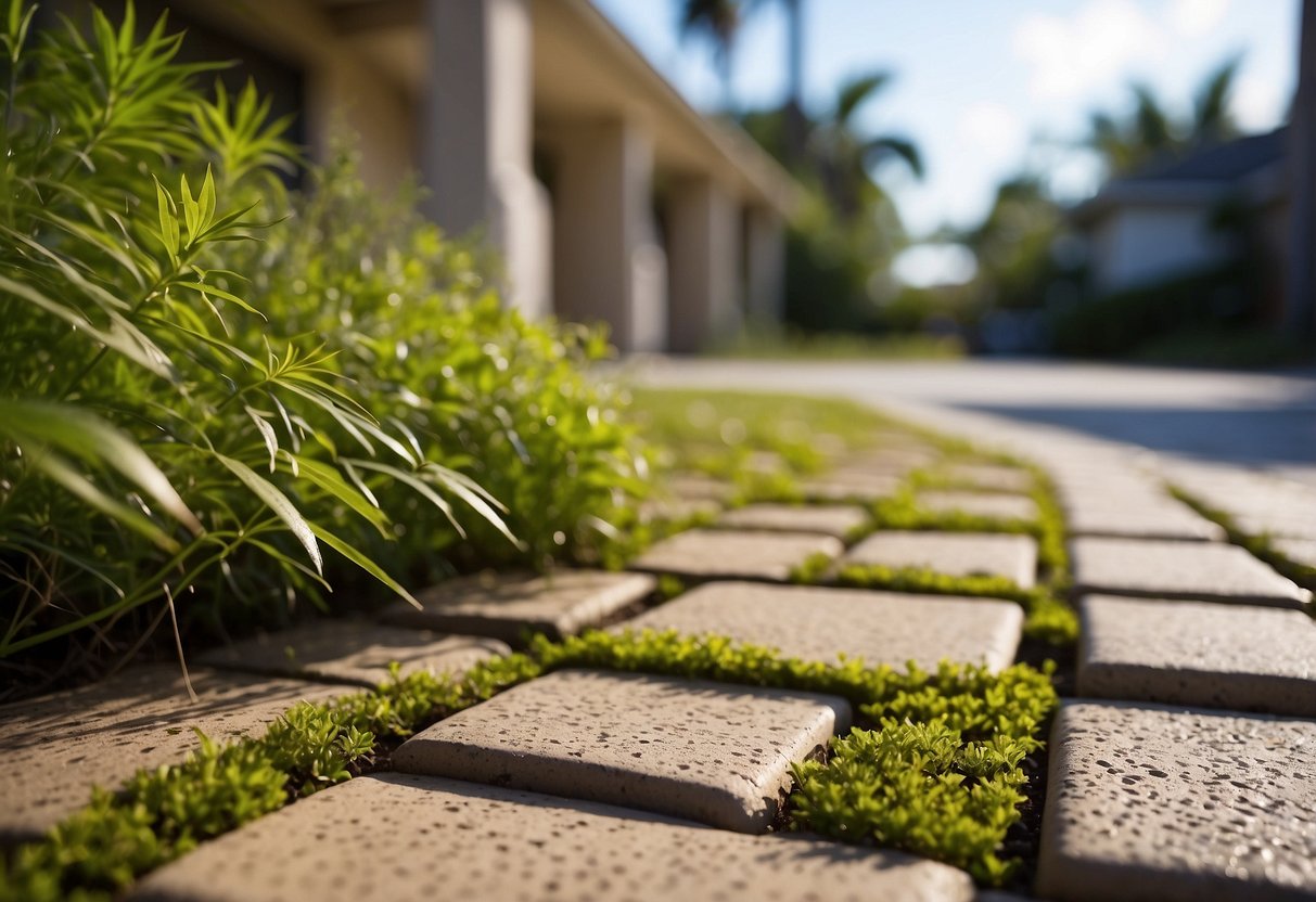 Paver maintenance: A sunny day in Fort Myers, with cracked and uneven pavers. Weeds growing between the gaps, and some pavers covered in moss and dirt