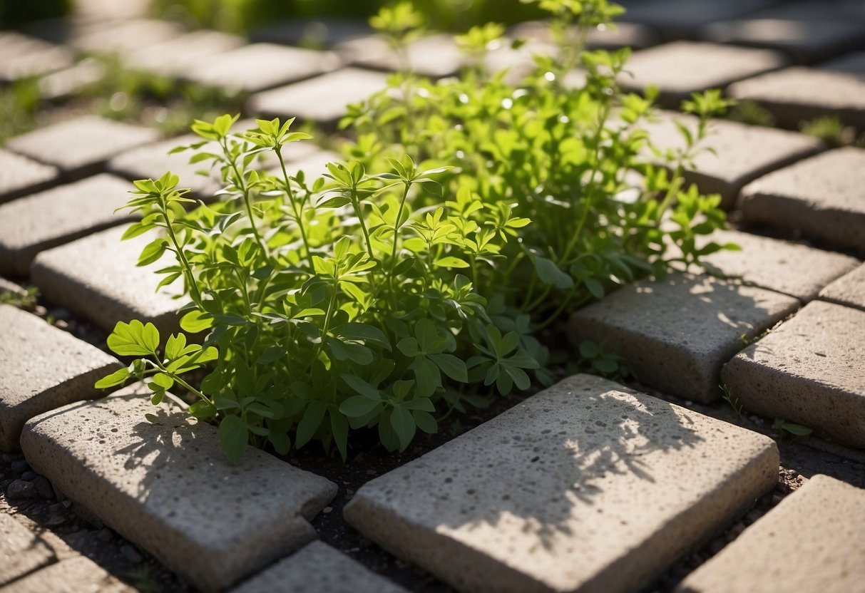 Uneven pavers with weeds growing between them. Cracked and sunken pavers. Solutions include leveling, sealing, and weed removal