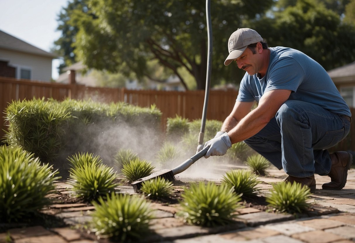 A professional crew power washes pavers while a DIY homeowner struggles with a scrub brush. Weeds poke through cracks in both scenarios