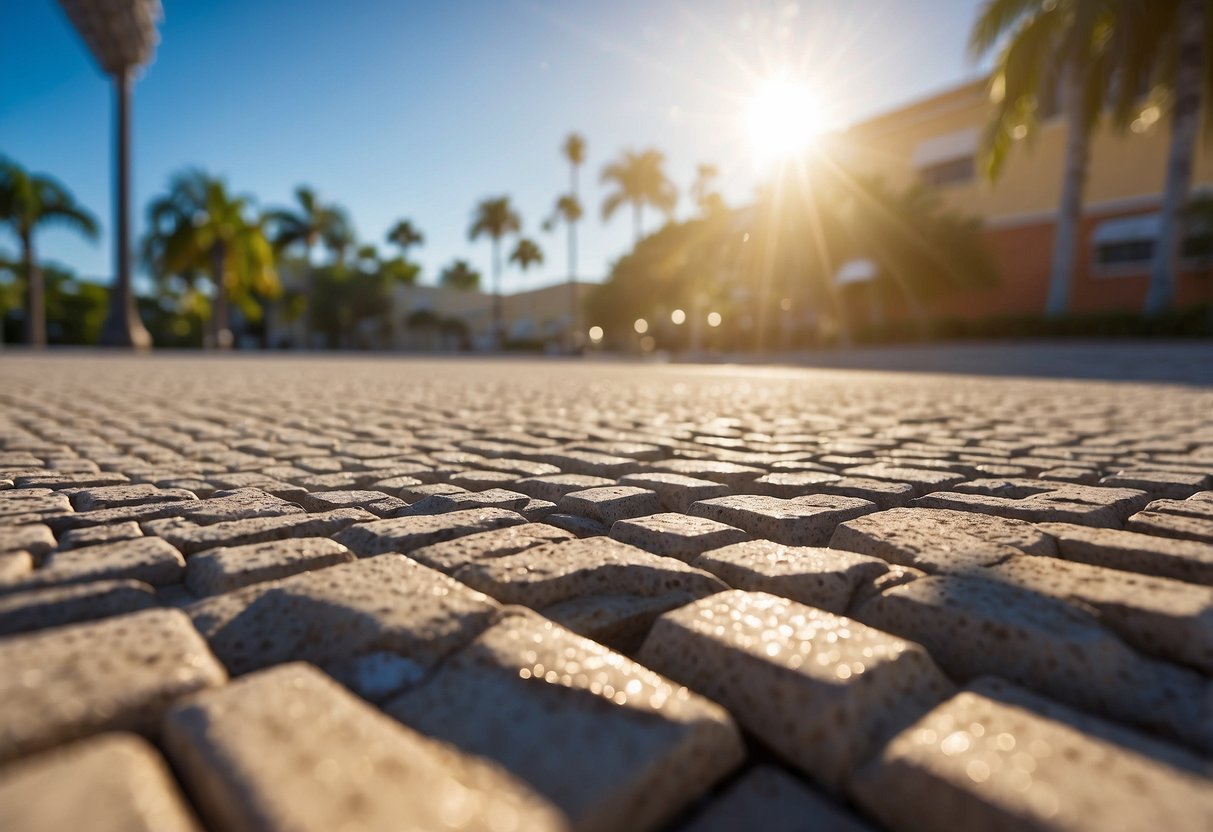 The scene depicts a sunny day in Fort Myers, with a focus on paver sealing materials and technology suited for the local climate. The illustration should show the impact of the climate on the sealing process