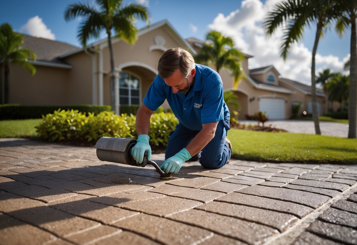 A paver sealing technician applies sealant using a roller, considering weather conditions in Fort Myers. Sanding and cleaning precede the process