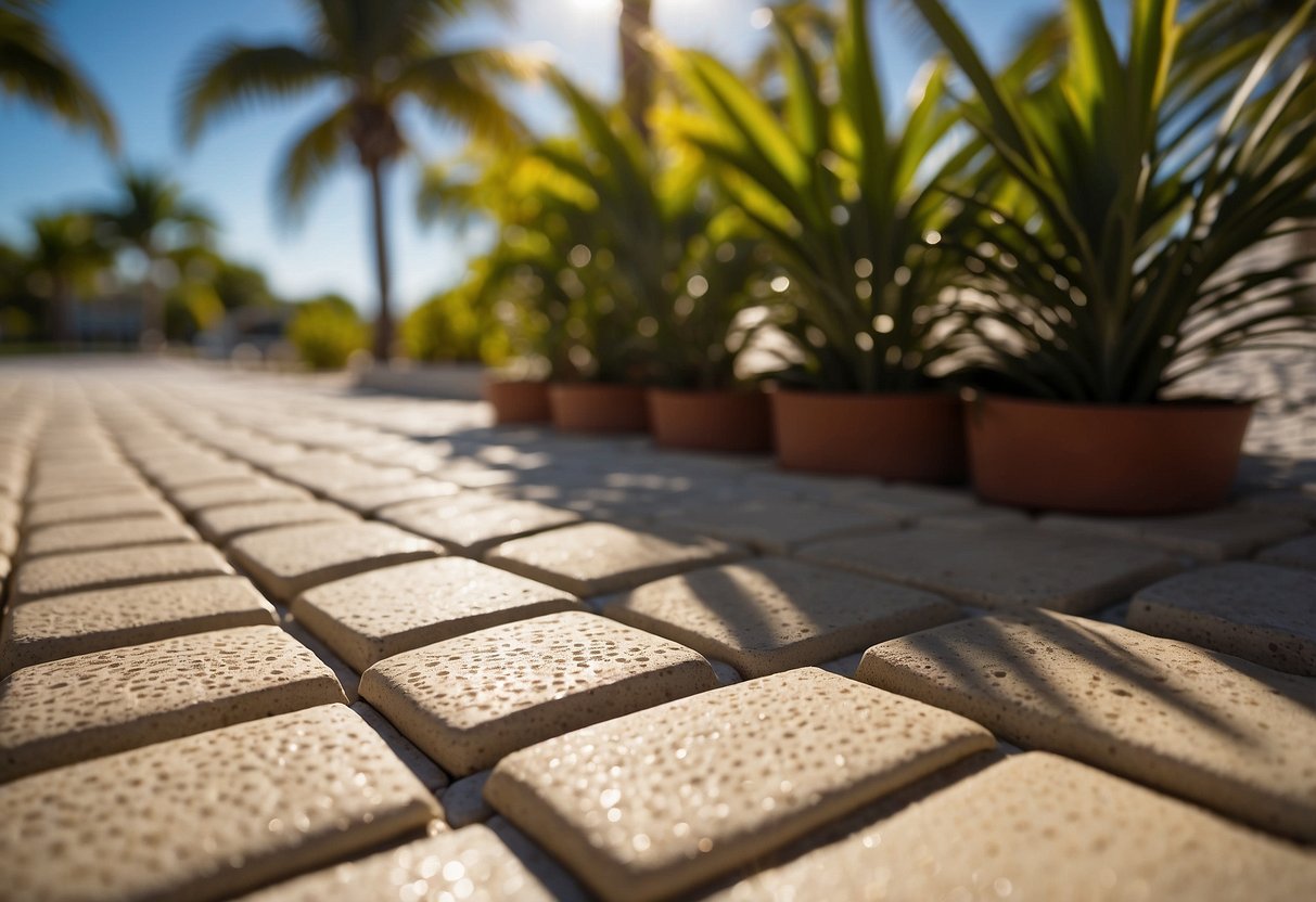 A sunny, hot day in Fort Myers, Florida. Sealed pavers glisten in the sun, protected from the harsh climate. A palm tree sways in the gentle breeze, as the pavers stand strong against the elements