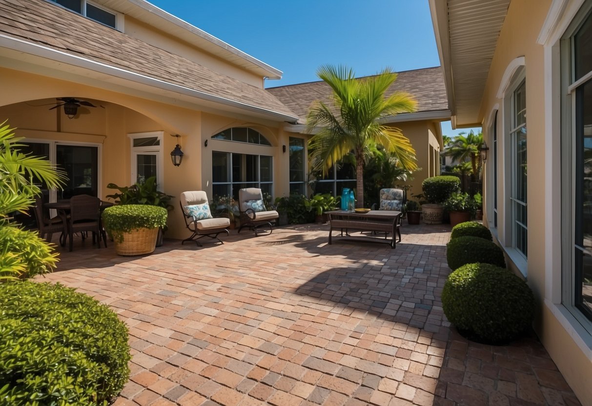 A patio with pavers in Fort Myers, some sealed and well-maintained, others showing signs of wear and neglect, surrounded by lush greenery and under a clear blue sky