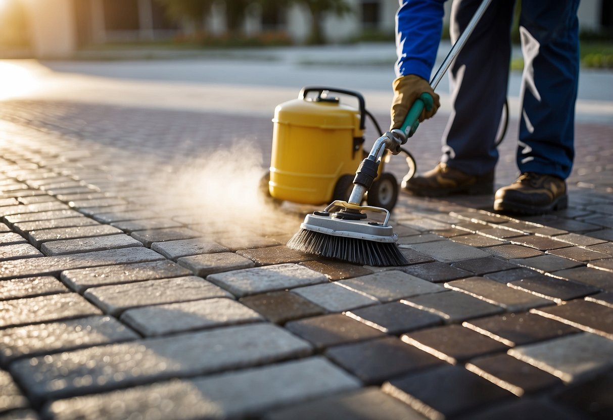 A paver maintenance scene in Fort Myers: A professional applying sealant to a clean and dry paver surface, using a sprayer or roller for an even application