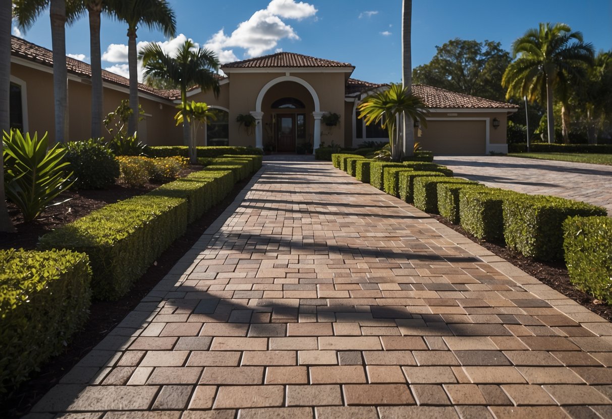 Pavers being sealed with advanced sealant in Fort Myers. Tools and equipment laid out for maintenance