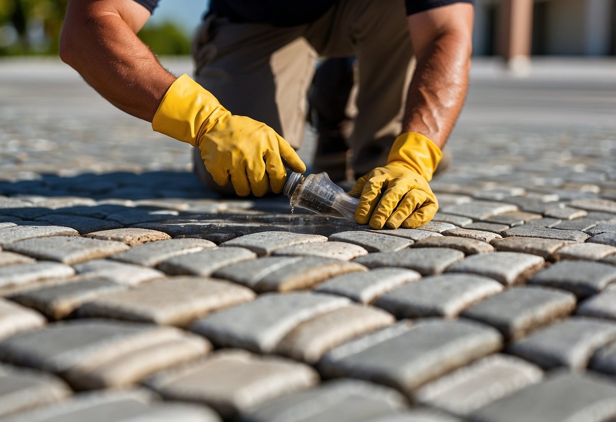 A person applies eco-friendly sealant to pavers in Fort Myers. The sealant options are carefully chosen for their environmental impact