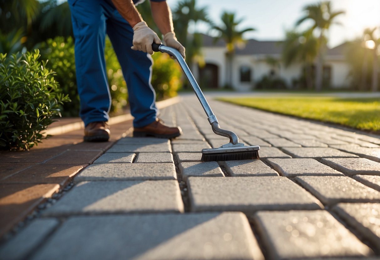 A landscaper applies eco-friendly sealant to pavers in Fort Myers, following preparation guidelines. The sealant is carefully spread using a roller, ensuring even coverage