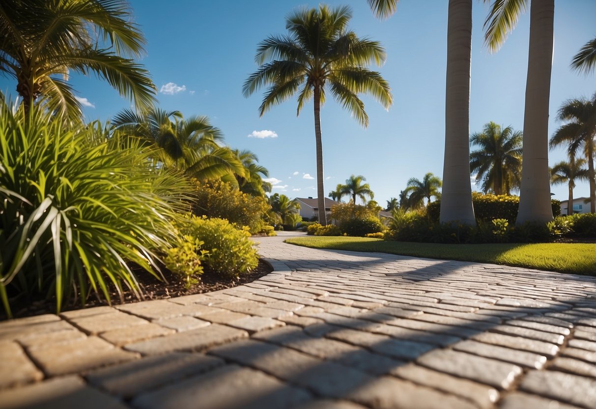 A sunny day in Fort Myers, with palm trees swaying in the breeze. Pavers are being sealed with eco-friendly options, surrounded by lush greenery and clear blue skies