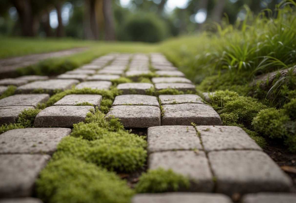 Cracked and uneven pavers, overgrown weeds, and moss-covered surfaces in a neglected Fort Myers outdoor area