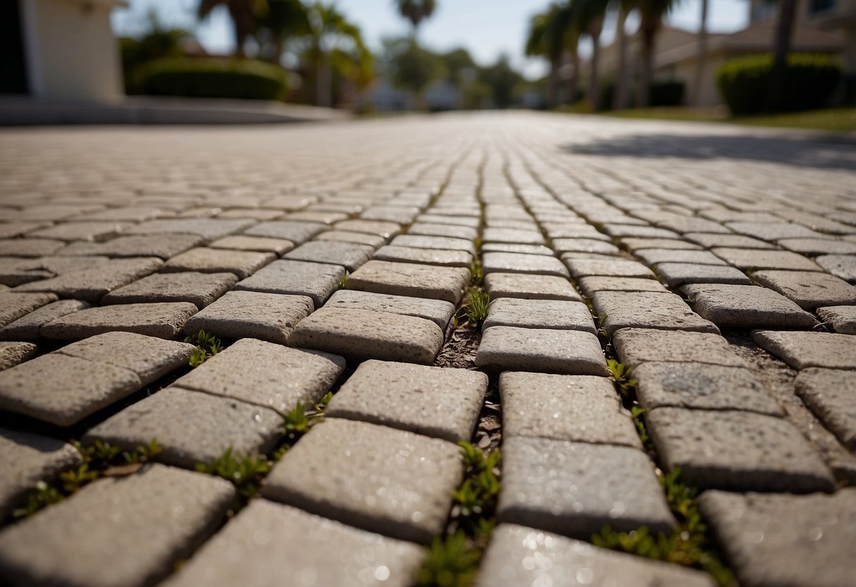 The neglected pavers in Fort Myers show cracks, weeds, and discoloration, leading to a decline in property value and an overall aesthetic degradation