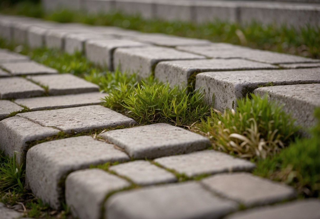 Cracked and uneven pavers with overgrown weeds and moss, surrounded by deteriorating landscaping. Visible signs of neglect leading to increased repair and replacement costs in Fort Myers