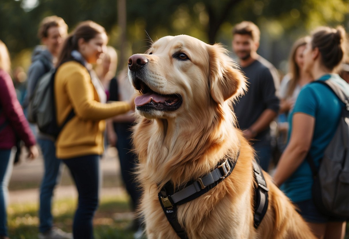 A golden retriever stands proudly, wearing a service dog vest, surrounded by people smiling and interacting with the dog