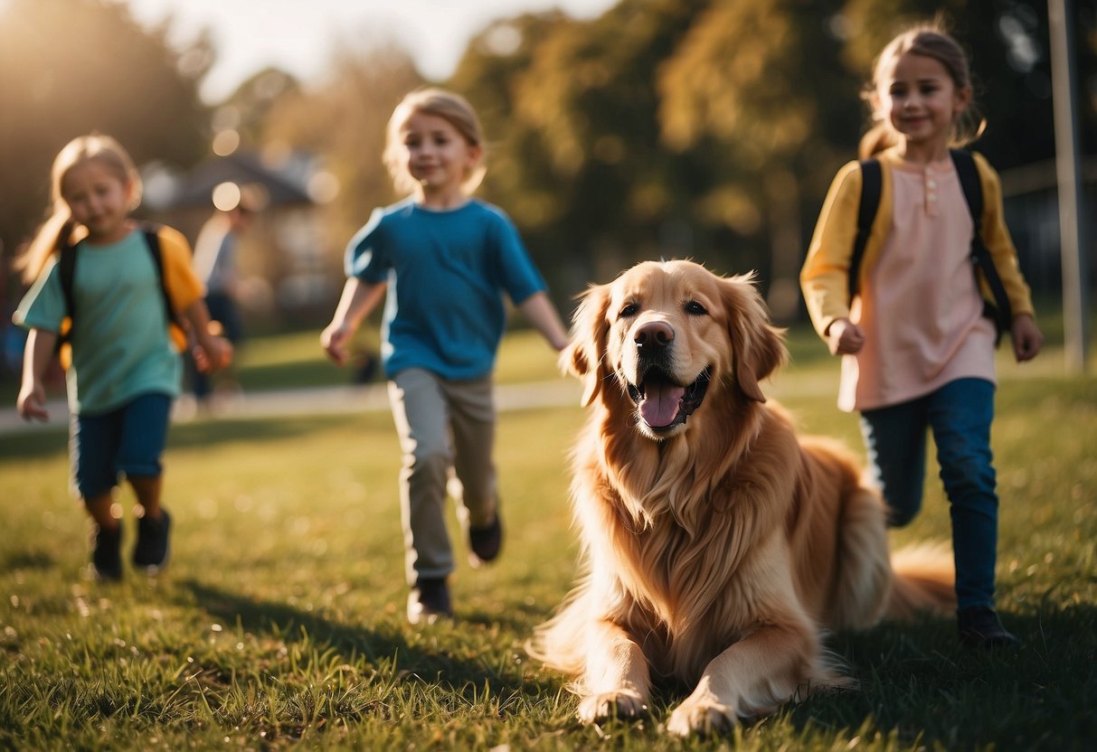 Golden retrievers guiding children with autism through school activities, providing comfort and support