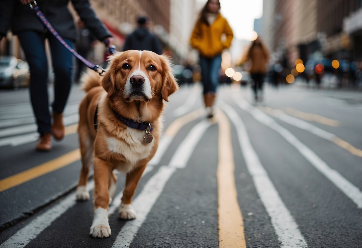 Bella guides her owner through a bustling city, weaving through crowded streets and stopping at crosswalks. Her focused expression and wagging tail show her dedication to her important role as a mobility assistance dog