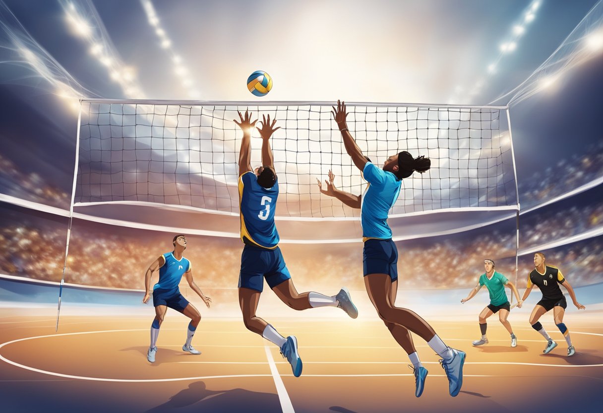 Volleyball players compete in an Olympic match, diving and spiking the ball over the net with intense focus and determination